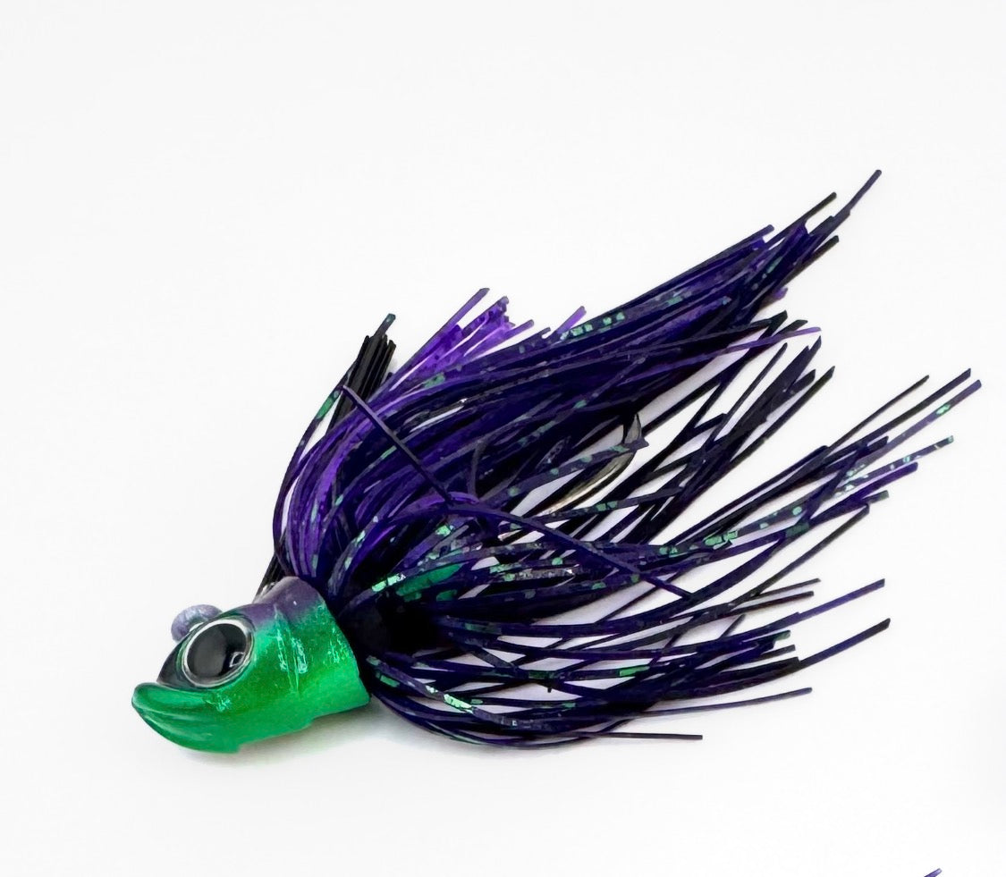 Three-quarter ounce purple, sticky punch skirted jig head
