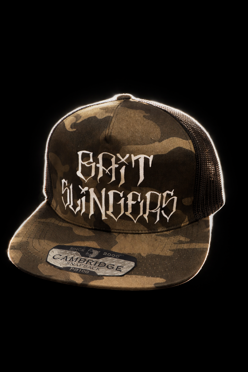 Bold, east side, dark camo, trucker hat